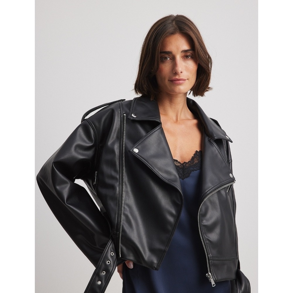 NA-KD Biker Jacket Black Faux Leather Belted Motorcycle‎ Jacket